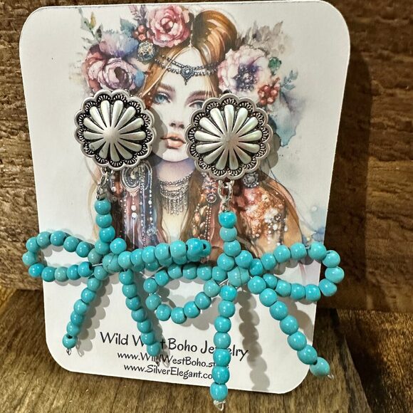Handmade Ribbon Bow Post Earrings with Turquoise Beads, Western Boho, Ships in - Picture 6 of 9